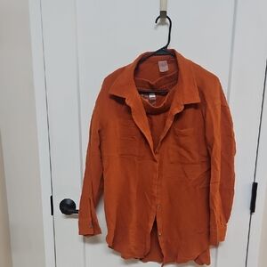 Women's Orange Casual Linen Short Shorts And Linen Button Down Shirt